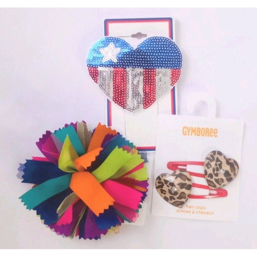 NEW Gymboree Hair Accessories Lot Leopard Heart Snaps Rainbow Ribbon Tie